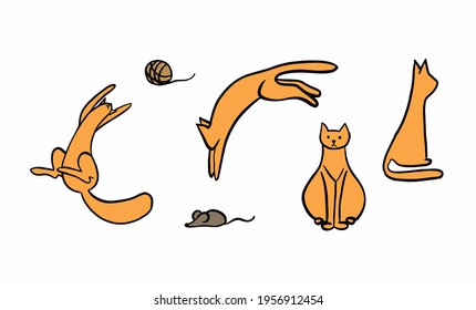 Four ginger cats on a white background. Playful cats, calm cats