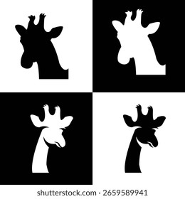 Four giraffe head silhouettes are arranged in a black and white checkerboard pattern.