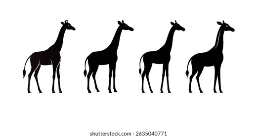 Four giraffe silhouettes isolated on white background, showcasing their elegant necks and distinct shapes in a minimalist design