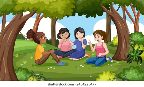 Four girls chatting happily under park trees.