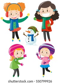 Four girls in colorful winter clothes illustration