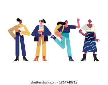 four girls different professions characters vector illustration design