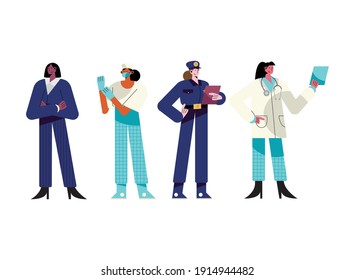 four girls different professions characters vector illustration design