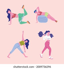 four girls fitness practicing sports