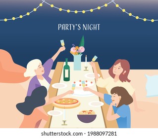 four girls gathering party night in flat vector illustration. Party, house warming, celebration, smiling characters, women, female, Apartment or living room people having fun, cheerful and talking