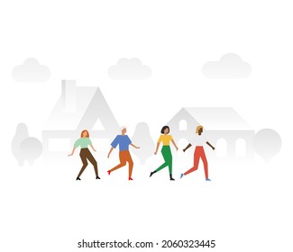 Four girls go along the street. Friends, neighbors, sisters in colorful clothes go after each other, isolated on a white background. Vector minimalist flat illustration