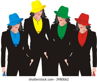 four girls in hat on vector over white background