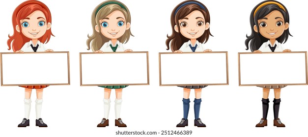Four girls holding blank signs, smiling