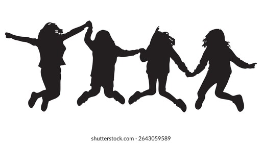 Four Girls Jump and Hold Hands Silhouette Illustration