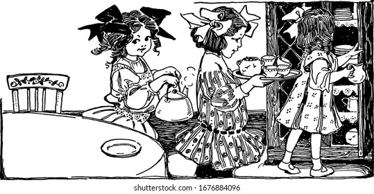 Four girls in the kitchen clean up after a tea party, showing three different size of images in it, children in kitchen playing with tea set in three images, vintage line drawing or engraving 