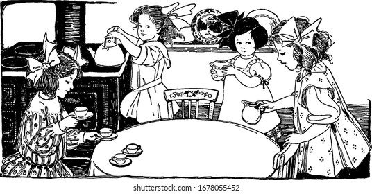 Four girls in the kitchen having a tea party in three different size of images in it, its showing four girls in the kitchen playing with tea set, vintage line drawing or engraving 