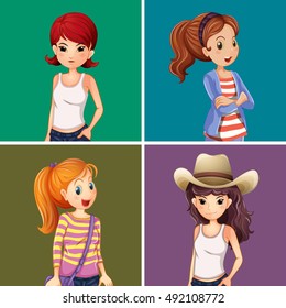 Four girls on color background illustration