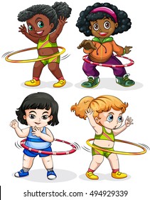 Four girls playing hulahoops illustration