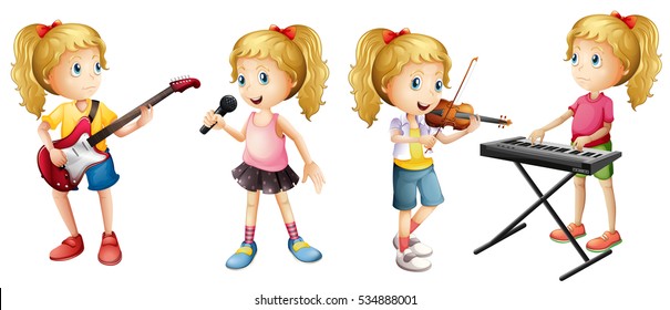 Four girls playing musical instruments illustration