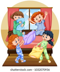 Four girls playing pillow in bedroom illustration