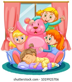 Four girls playing with pink bear illustration