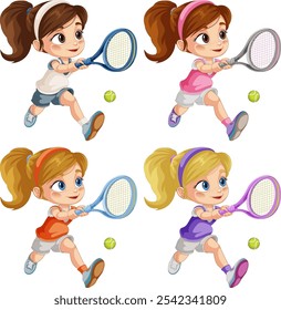 Four girls playing tennis with rackets and balls