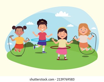 four girls practicing activities characters