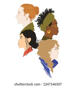 Four girls profile portraits. Fight the power. Stronger together. Girls solidarity. Equal rights for everyone. Feminism. Diversity 