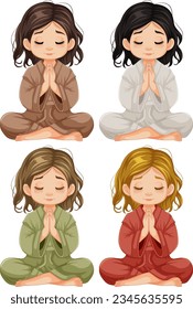 Four girls are sitting in different colored clothes and praying in meditation