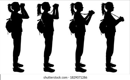 Four girls stand one after another. Side view, profile. Tourist with binoculars in hands and a backpack behind her back. Women on a tourist hike. Black female silhouette isolated on white background.