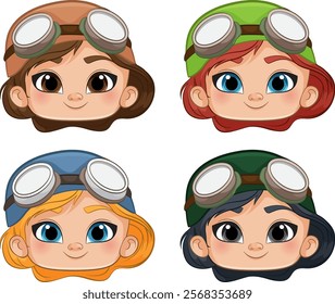 Four girls wearing aviator goggles and helmets