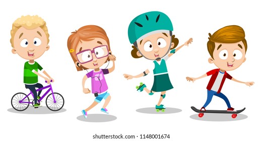 Four glad friends are playing in sport games outdoor. Two caucasian boys and two girls ride bike, skateboard, roller skates and listen to music. They are with pleasure to spend their time in summer