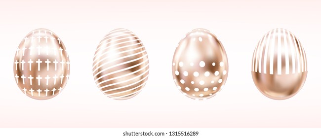 Four glance metallic eggs in pink color with white cross, dots and stripes. Isolated objects for Easter decoration