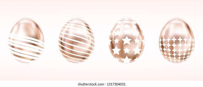 Four glance metallic eggs in pink color with white star, cross and stripes. Isolated objects for Easter decoration