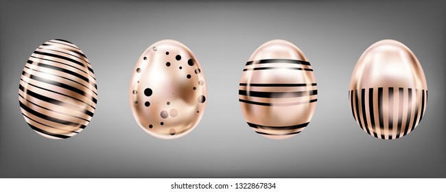 Four glance metallic eggs in pink color with black dots and stripes. Isolated objects for Easter decoration