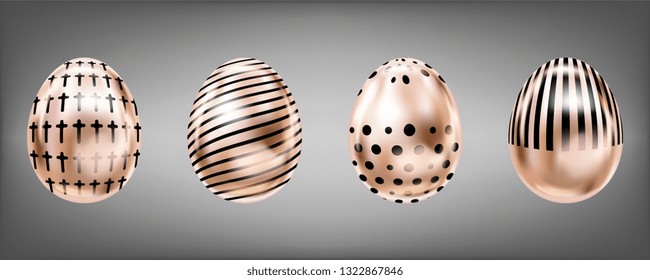 Four glance metallic eggs in pink color with black cross, dots and stripes. Isolated objects for Easter decoration