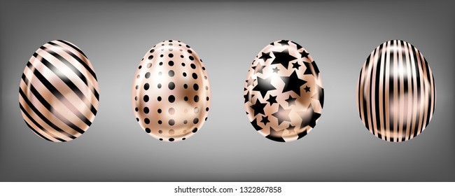 Four glance metallic eggs in pink color with black stripes, dots and stars. Isolated objects for Easter decoration