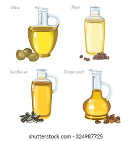 Four glass bottles with oil and oil seeds in front of them. / Bottles with olive oil, rape oil, sunflower oil and grape seeds oil.
