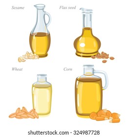 Quatro garrafas de vidro com óleo e sementes de óleo na frente deles./Garrafas com óleo de gergelim, óleo de linho, óleo de trigo e óleo de milho.