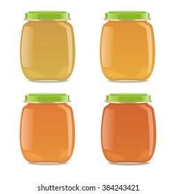 Four glass jars with baby food