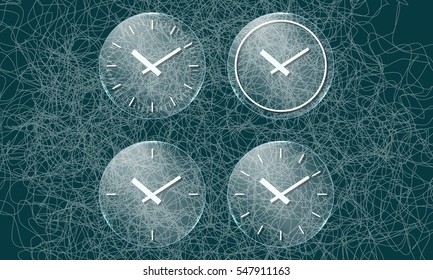 Four glass transparency objects with different watches