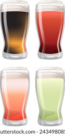 Four glasses of beer with different colors and foam