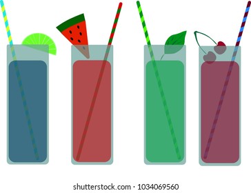 four glasses of colorful drinks with drinking straws and fruit and mint leaf