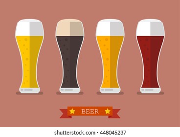 Four glasses of different beers icon. Flat style vector illustration