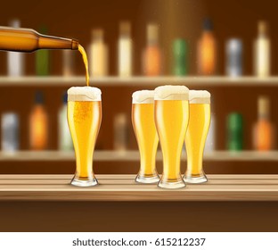 Cuatro vasos con cerveza de lager fresca en el bar contra ilustración vectorial realista