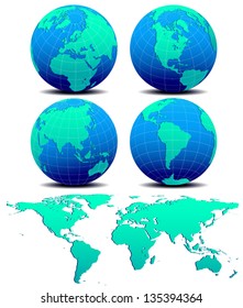 Four Global Worlds and Map - SET ONE - Vector Map of the World Globe on a white background - The base map is from Nasa and Hand drawn using the pen tool for maximum detail