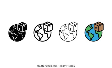 Four globe icons showing package delivery with varying earth color styles