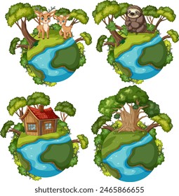 Four globes showing different natural habitats