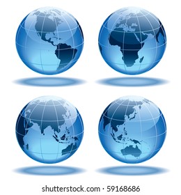 Four globes showing earth with all continents.