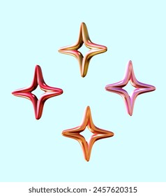 Four glossy 3D stars on pastel background. 3D metal illustration 