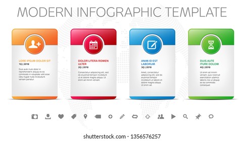 Four glossy frames with set of icons and sample text - modern design template for infographics. Vector illustration.