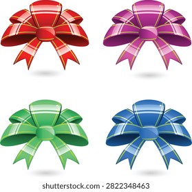 Four glossy gift bows in red, purple, green, and blue