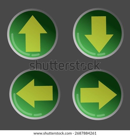 four glossy green buttons with bright yellow-green arrows pointing up, down, left, and right on a dark gray background