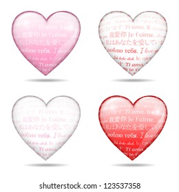 four glossy hearts with text I love you, Valentine concept, isolated on white background, vector illustration, with gradient meshes and transparency, eps 10