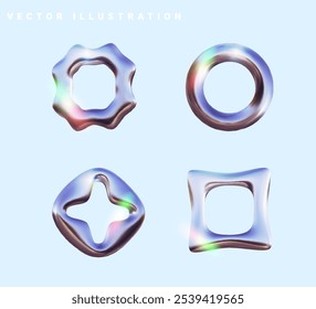 Four glossy metallic elements with unique shapes glisten against a soft blue backdrop, reflecting light and elegance.